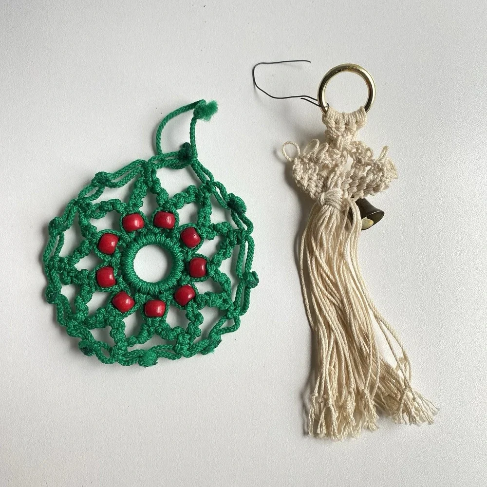 Vintage Handmade‎ Macrame Angel Wreath Ornament Christmas Decor Lot Of 2